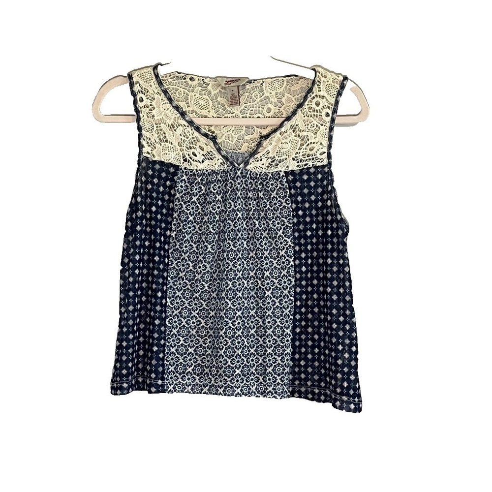 Colorful Floral Lace Crochet Tank Top Blue M Western Country Boho Indie Hippie